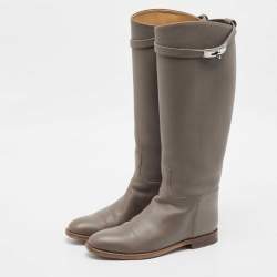 Pre Owned Hermes Grey Leather Kelly Jumping Knee Length Boots Size 39