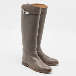 Pre Owned Hermes Grey Leather Kelly Jumping Knee Length Boots Size 39