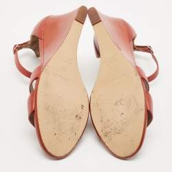Pre Owned Hermes Red Leather Legend Wedge Sandals Size 38