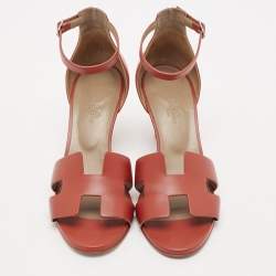 Pre Owned Hermes Red Leather Legend Wedge Sandals Size 38