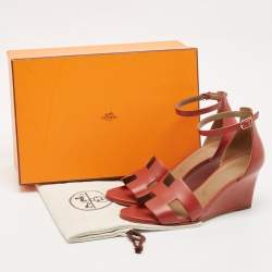 Pre Owned Hermes Red Leather Legend Wedge Sandals Size 38