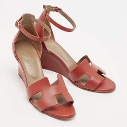 Pre Owned Hermes Red Leather Legend Wedge Sandals Size 38