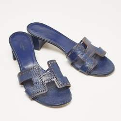 Pre Owned Hermes Navy Blue Patent Leather Perforated Oasis Slide Sandals Size 37