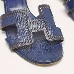 Pre Owned Hermes Navy Blue Patent Leather Perforated Oasis Slide Sandals Size 37