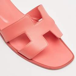 Pre Owned Hermes Rose Pink Leather Oran Flat Slide Sandals Size 40
