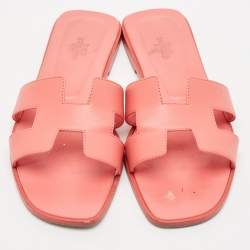 Pre Owned Hermes Rose Pink Leather Oran Flat Slide Sandals Size 40