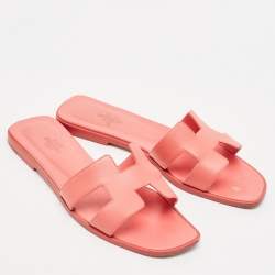 Pre Owned Hermes Rose Pink Leather Oran Flat Slide Sandals Size 40