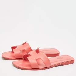 Pre Owned Hermes Rose Pink Leather Oran Flat Slide Sandals Size 40