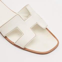 Pre Owned Hermes White Leather Oran Flat Slide Sandals Size 37