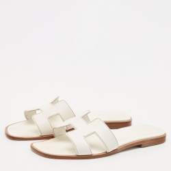 Pre Owned Hermes White Leather Oran Flat Slide Sandals Size 37