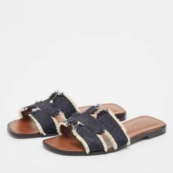 Hermes Navy Blue Denim Oran Flat Slides Size 39