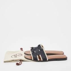 Hermes Navy Blue Denim Oran Flat Slides Size 39