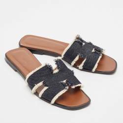 Hermes Navy Blue Denim Oran Flat Slides Size 39