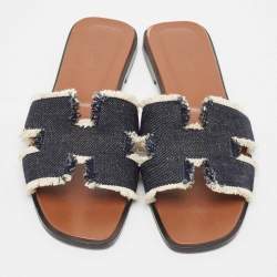 Hermes Navy Blue Denim Oran Flat Slides Size 39