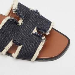 Hermes Navy Blue Denim Oran Flat Slides Size 39