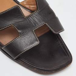 Pre Owned Hermes Dark Brown Leather Oran Flat Slide Sandals Size 40
