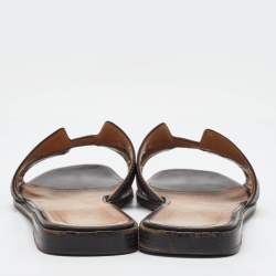 Pre Owned Hermes Dark Brown Leather Oran Flat Slide Sandals Size 40