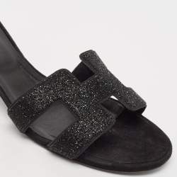 Hermes Silver/Black Glitter and Suede Oasis Slide Sandals Size 41