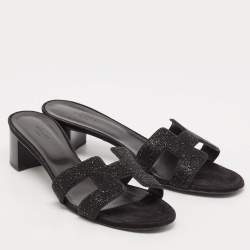 Hermes Silver/Black Glitter and Suede Oasis Slide Sandals Size 41