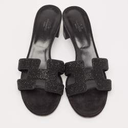 Hermes Silver/Black Glitter and Suede Oasis Slide Sandals Size 41