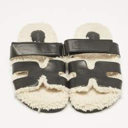 Hermes Black Shearling Fur and Suede Chypre Flat Sandals Size 40