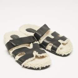Hermes Black Shearling Fur and Suede Chypre Flat Sandals Size 40