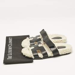 Hermes Black Shearling Fur and Suede Chypre Flat Sandals Size 40