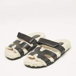 Hermes Black Shearling Fur and Suede Chypre Flat Sandals Size 40