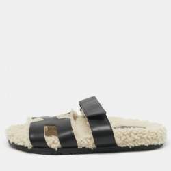 Hermes Black Shearling Fur and Suede Chypre Flat Sandals Size 40