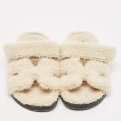 Hermes Off White Shearling Chypre Flat Slides Size 37