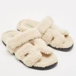 Hermes Off White Shearling Chypre Flat Slides Size 37