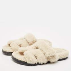 Hermes Off White Shearling Chypre Flat Slides Size 37