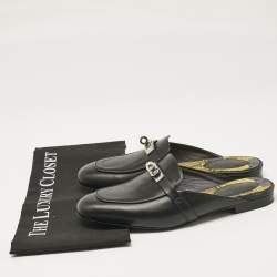 Hermes Black Leather Oz Flat Mules Size 38.5