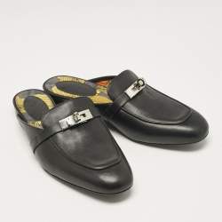 Hermes Black Leather Oz Flat Mules Size 38.5