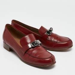Pre Owned Hermes Burgundy Leather Kelly Loafers Size 37