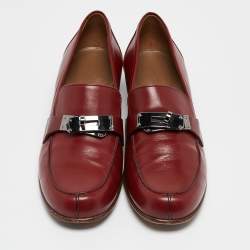 Pre Owned Hermes Burgundy Leather Kelly Loafers Size 37