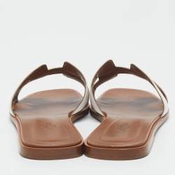 Pre Owned Hermes Brown/White Leather Oran Flat Slide Sandals Size 41