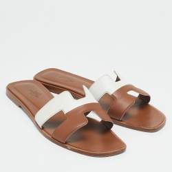 Pre Owned Hermes Brown/White Leather Oran Flat Slide Sandals Size 41