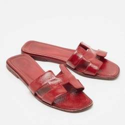 Pre Owned Hermes Burgundy Patent Leather Oran Flat Slides Size 35