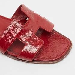 Pre Owned Hermes Burgundy Patent Leather Oran Flat Slides Size 35