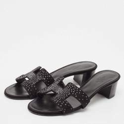 مملوكة مسبقًا Hermes Black Suede Crystal Oasis Slide Sandals Size 36