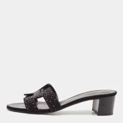 مملوكة مسبقًا Hermes Black Suede Crystal Oasis Slide Sandals Size 36