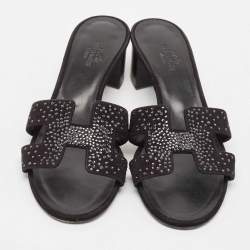 مملوكة مسبقًا Hermes Black Suede Crystal Oasis Slide Sandals Size 36