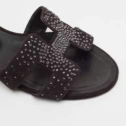 مملوكة مسبقًا Hermes Black Suede Crystal Oasis Slide Sandals Size 36