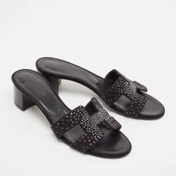 مملوكة مسبقًا Hermes Black Suede Crystal Oasis Slide Sandals Size 36