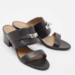 Hermes Black Leather Ovation Slide Sandals Size 39