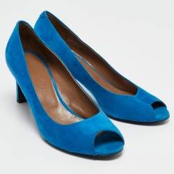 Hermes Blue Suede Peep Toe Pumps Size 38.5