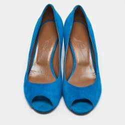 Hermes Blue Suede Peep Toe Pumps Size 38.5