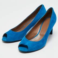 Hermes Blue Suede Peep Toe Pumps Size 38.5