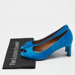 Hermes Blue Suede Peep Toe Pumps Size 38.5